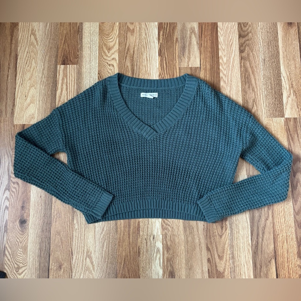 Aeropostale Solid Cropped Teal V-Neck Sweater for Women size XS - Picture 3 of 4